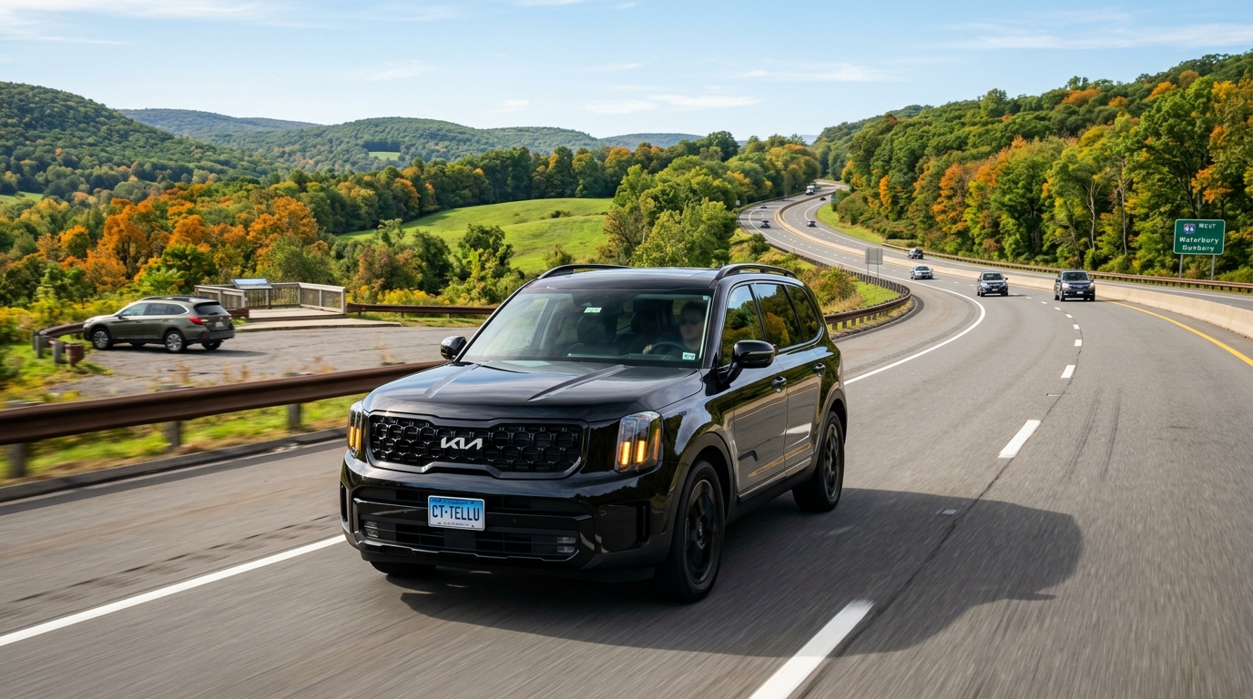 Tracy Bette executive Kia Telluride luxury SUV cruising along I-84 in Southbury CT